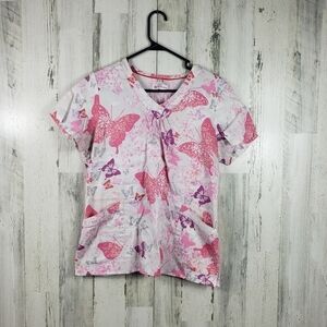 white cross pink butterfly scrub top women's size medium